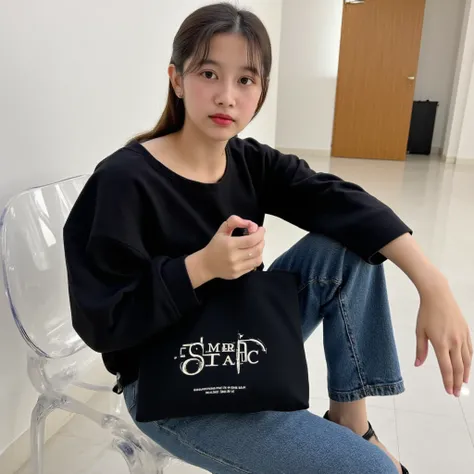 This image shows a broadcast of a 17-year-old Korean model in a black T-shirt, sitting on a curved transparent chair, placing a black canvas tote bag in front, seen in full view, from the SXR brand, which features a trendy graphic print design that is very...