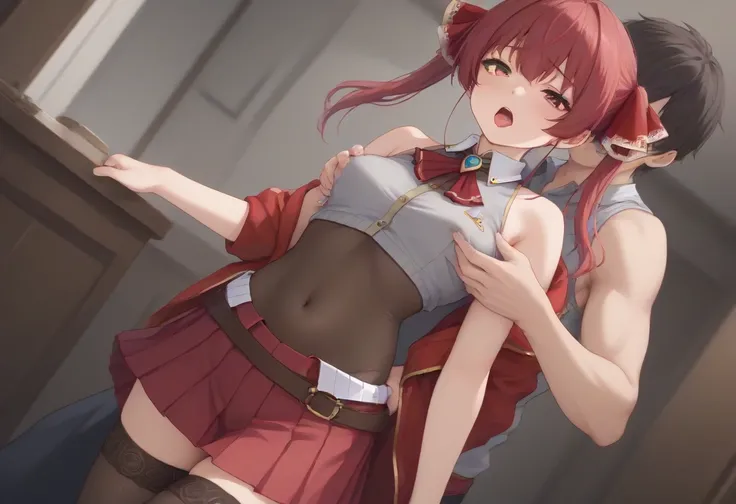 master piece,marine houshou, red hair, twintails, heterochromia, red eyes, yellow eyes, hair ribbon,1girl 1boy,looking at viewer, dutch angle, cowboy shot  , , big breatests , man holding his chest from behind ,grab breatests   open her mouth ,hide nipples...