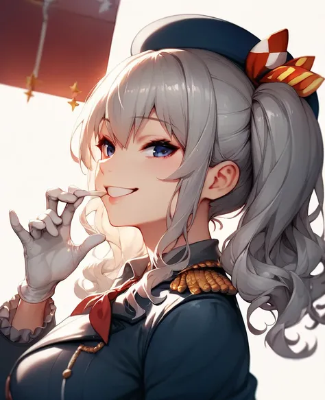 Kashima from Kantai Collection　Kashima-chan　 Gray Hair Two Sides Up　 wearing a blue beret with a red rabin　Wearing white military uniform　Im wearing white gloves on my hands 　Im wearing a red ribbon around my neck　 smiling　From the side