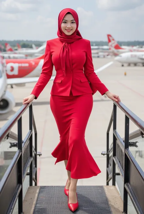  Indonesian-asian female flight attendant (( Red long-sleeved flight attendant shirt )). (( Red Islamic hooded )). ((Long skirts to under red . red shoes)). (( Standing feet touching the ground )) ((Walking striding up the stairs of the plane)). Air Asia p...