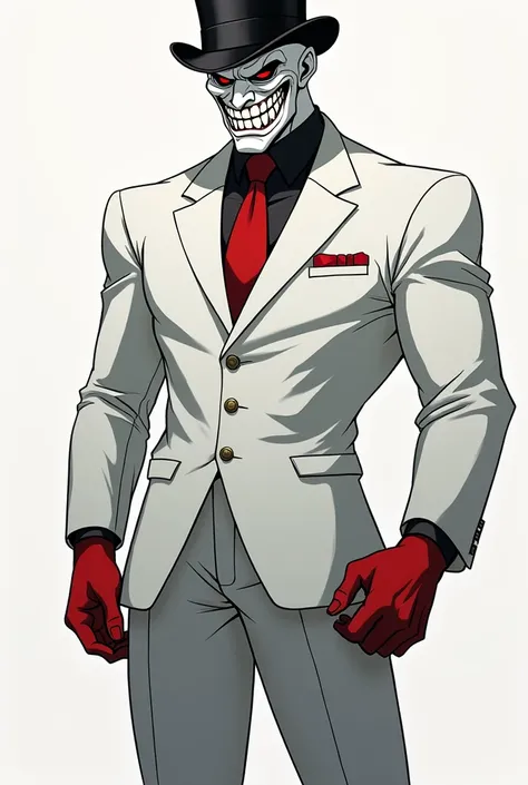 Make me an anime character, That he has the
 Face of the TrollFace of the meme ,  that the body is white and a single hand is red, Let him have an elegant suit and a top hat, that has broad shoulders and ,  are not visible that he is standing in front that...