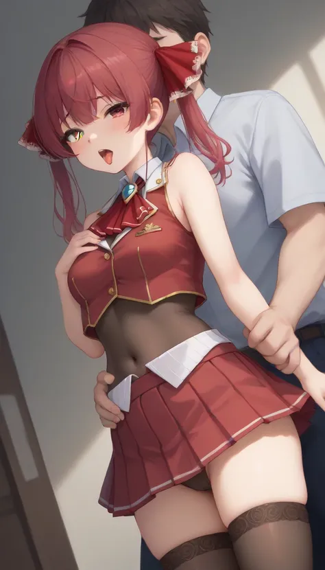 master piece,marine houshou, red hair, twintails, heterochromia, red eyes, yellow eyes, hair ribbon,1girl 1boy,looking at viewer, dutch angle, cowboy shot  , , big breatests , man holding his chest from behind ,grab breatests   open her mouth ,hide nipples...