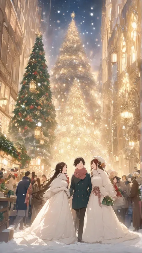 （masterpiece、high quality、High resolution、detailed、８k)、A Japanese couple in their 20s（Beautiful young man and beautiful woman、Beautiful eyes、Smooth Hair）、At the glittering Christmas market、While staring at each other、Make eye contact、Laughing、Dress warmly ...