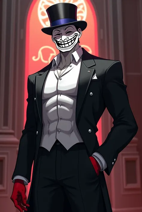 Make me an anime character, That he has the
 Face of the TrollFace of the meme ,  that the body is white and a single hand is red, Let him have an elegant black suit and a top hat, that has broad shoulders and , That he is standing in the front that the pr...