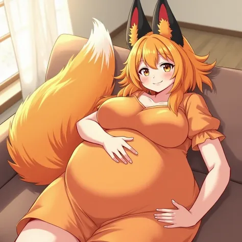  anime girl,  huge breasts  , Anime style,  huge breasts  , pregnant,  big belly , yellow eyes ,  high quality , держит рукой свой самый  big belly  в мире, big breasts , Houses, big belly , orange dress ,Houses, Smile , Black Fox Ears , fluffy orange long...