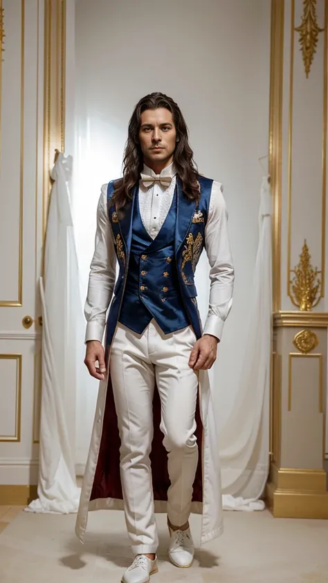 A full-body portrait of a man standing still and facing the camera in a minimalist, all-white studio. He is dressed in an elaborate outfit inspired by the Beast from Beauty and the Beast, featuring a deep blue velvet tailcoat with intricate gold embroidery...