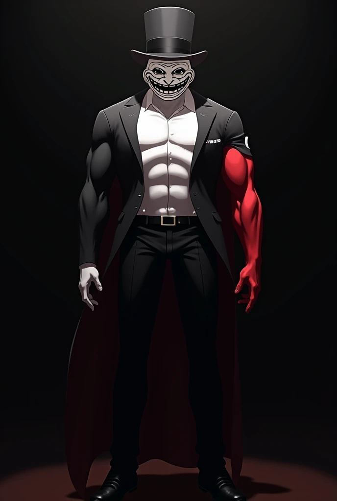 Make me an anime character, That he has the
 Face of the TrollFace of the meme ,  that the body is white and a single hand is red,  that has an elegant black suit and a top hat, that has broad shoulders and ,  are not visible that he is standing in front t...