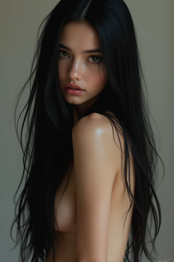 Naked, long straight hair, black hair