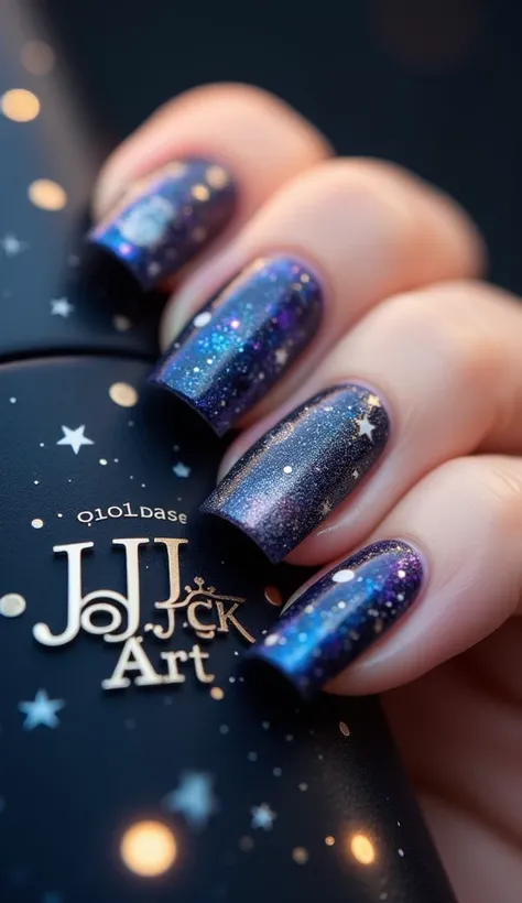 Photograph a glamorous close-up for (JoJo Block - JoJo Art) with nails inspired by celestial beauty. Each nail should feature detailed designs of constellations, sparkling stars, and subtle galaxy gradients in shades of deep blue, silver, and gold. The bac...