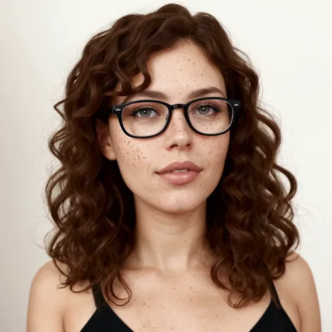 A curly woman with freckles and glasses 