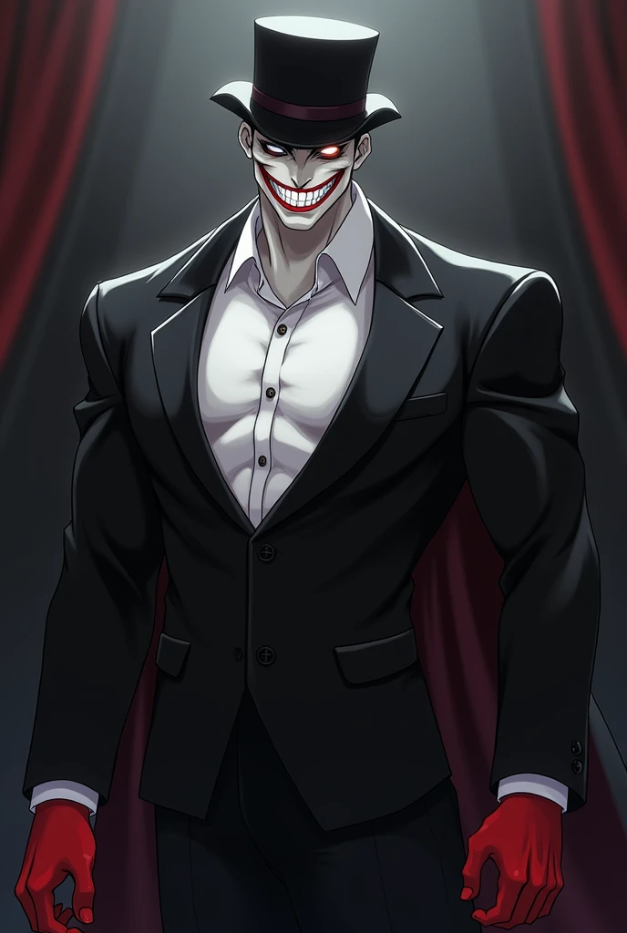 Make me an anime character, That he has the
 Face of the TrollFace of the meme ,  that the body is white and a single hand is red, Let him have an elegant black suit and a top hat, that has broad shoulders and , That he is standing in the front that the pr...