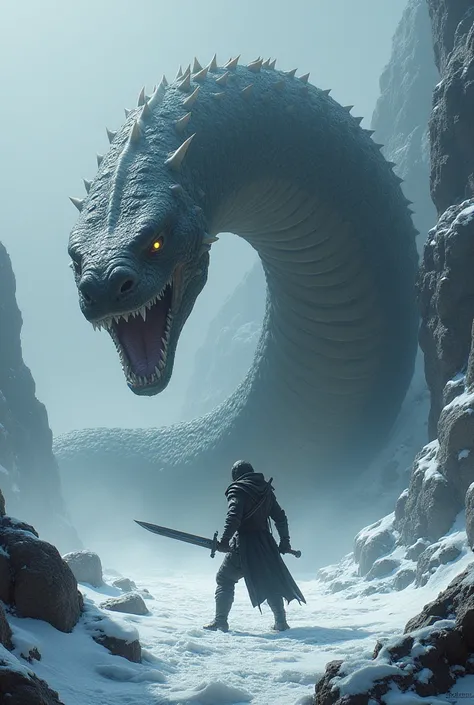 Monster snake ,  thick-haired,  face to face with one human carrying a sword,  On ice rocks 