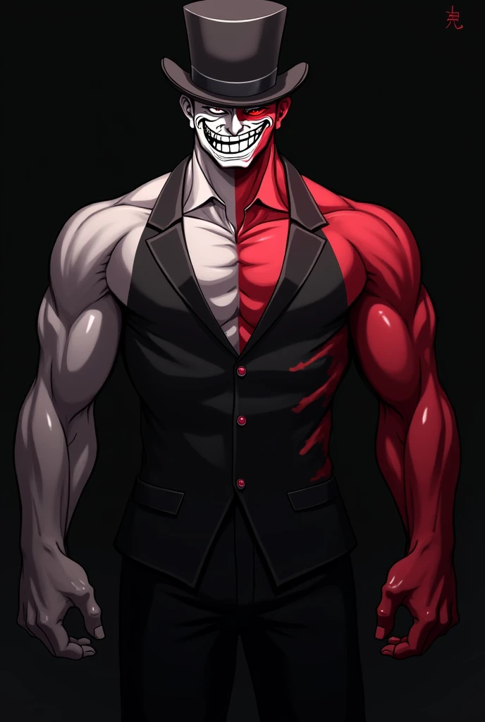 Make me an anime character, That he has the
 Face of the TrollFace of the meme , That the body is white and only one hand is red, Let him have an elegant black suit and a top hat, that has broad shoulders and , That he is standing in the front that the pre...