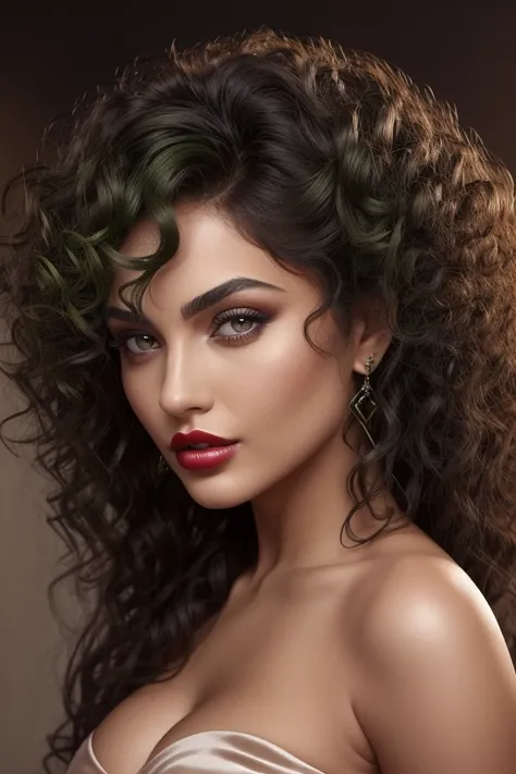 "A stunning woman with olive skin and voluminous, dark-toned curly hair. Her eyes are large and green, with an intense and mysterious look, like a cats. She wears a vibrant, intensely colored lipstick, highlighting her lips perfectly contoured. The image i...