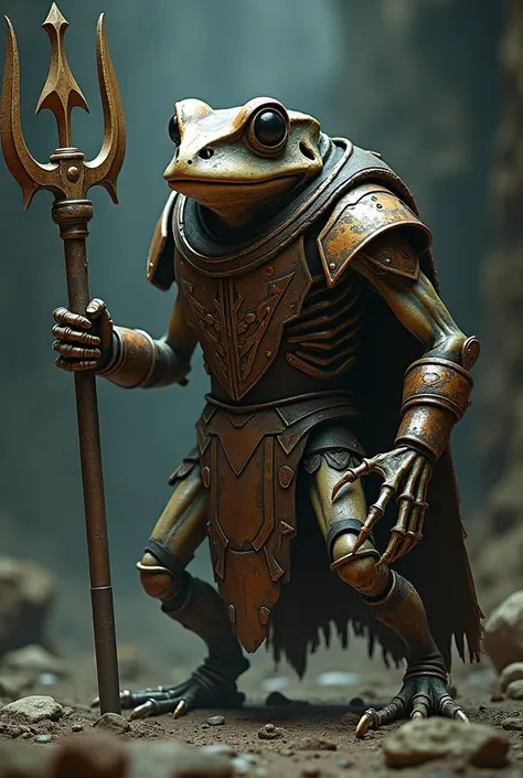 Skeleton frog wearing Spartan armor holding a trident