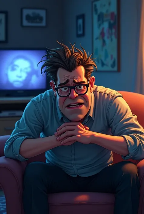 Make a Pixar image of a 50-year-old man with glasses sitting on a living room sofa with his hair standing on end, Eyes bulging and red from sleep and irritated by the noise of the neighbor about to go crazy and still with the TV on waiting for sleep to com...