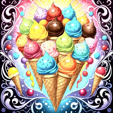 Ice cream full of toppings with intricate patterns inside the image, add intricate patterns in the background as well, line art, pure blank image for coloring book, no color just lines, no shadows, no black color, no shadings, good for coloring book, adult...