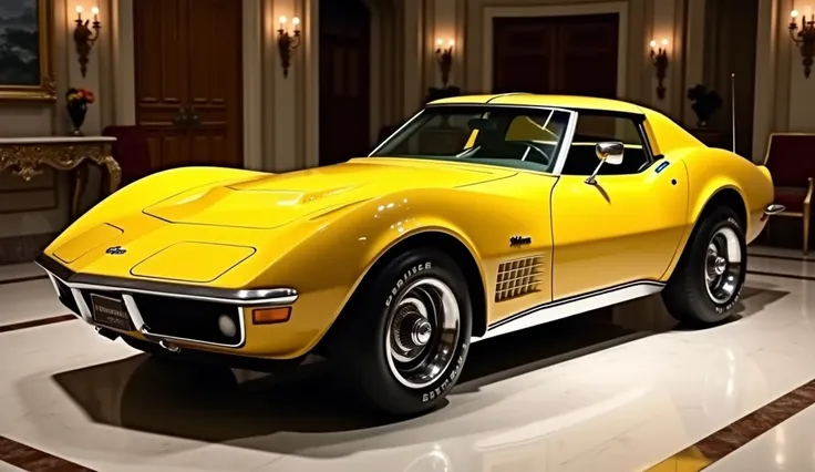 A Sleek Full HD Realistic Classic 1972 Chevrolet Corvette Stingray A Yellow Shiny Exterior And Parked In Luxurious Showroom And state Sides View