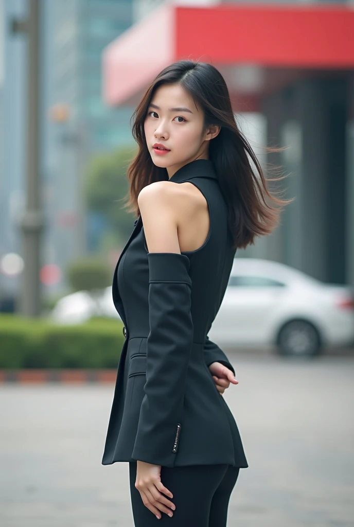 18 years old female, long hair, RAW photo, bokeh (realism: 1.4, realistic), high detailed, 8K, 1girl, solo, parted lips, office lady, business suit, skyline, cloud, arms behind back, single bare shoulder, ((slim body: 1)), (small breasts: 1), (HQ skin: 1.4...