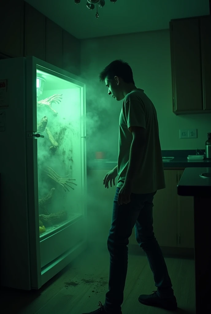 " A young man opening a refrigerator in a frightened setting .  The kitchen is immersed in oppressive darkness ,  with flickering lights on the ceiling .  The refrigerator emits a green spectral light that illuminates the young mans frightened face. Inside...