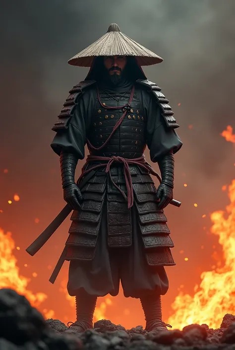  A samurai wearing a triangular hat and light armor with a background of fire and destruction in the back, the samurai is formidable and cool at full height in an epic pose . The background is dark