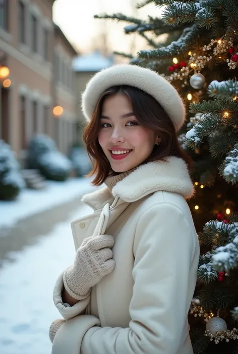 A young woman (ultra hot gorgeous european, short straight brown hair, 24 years old, gray eyes), dressed in a white coat with a fur collar, stands on the street against the backdrop of an old mansion surrounded by a snow-covered garden. She is wearing eleg...