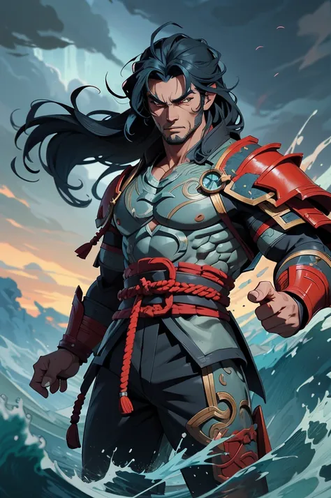 "Depict Susanoo, the fierce god from Japanese mythology, as a powerful warrior with a rugged, intimidating appearance. Show him with wild, flowing hair, intense eyes, and a muscular build. His attire should reflect traditional Japanese armor with intricate...