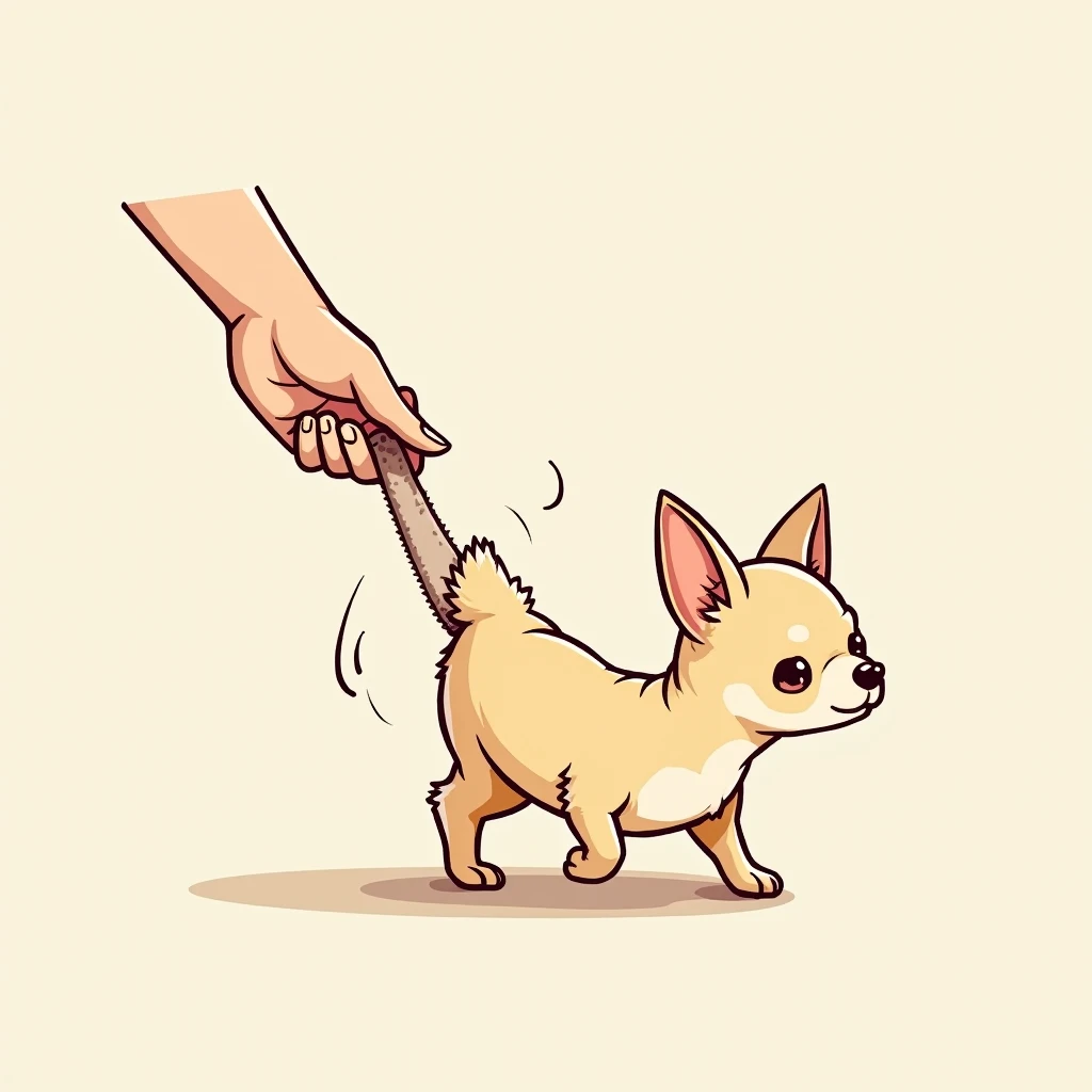 Chibi Style, dot halftone ,  drawn with crayons, Flat Color ,Two-panel comic strip, Stretching the back legs Chihuahuas 、The color of the chihuahua is cream、The right hindlimb is extended so that it is kicked straight up backwards by a human hand、人の手で右の膝を支...