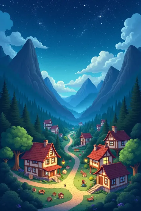 7. Imagine the village nestled between tall mountains and lush forests, under a starry night sky.

Cartoon image 