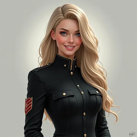 1girl, Long Hair, Blonde Hair, High Resolution, Smile, Blue eyes, with black Army Uniform 