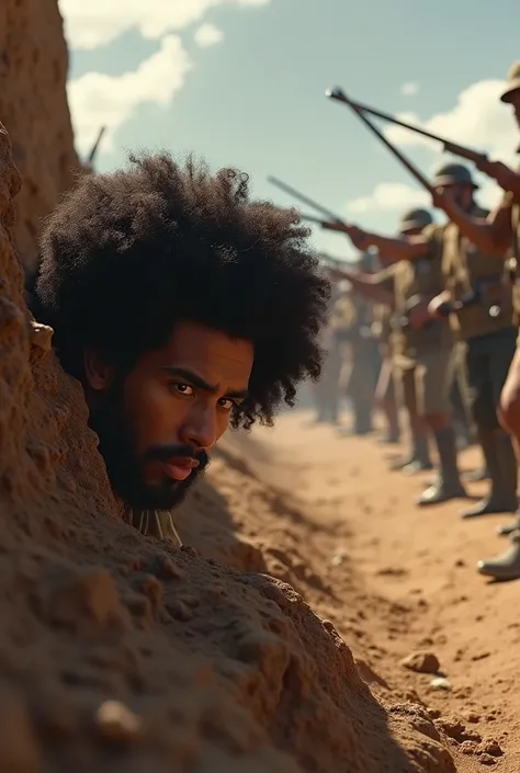 Peruvian Moroccan man with Afro hair hidden behind a ditch and outside they fight montoneros with weapons that were used in Peru at the time when he had not yet proclaimed his independence, an animated and realistic image
