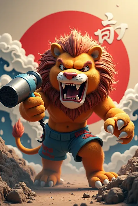 3D logo with angry lion mascot exposes its fangs holding hair dyer,  feet stomping prey  , japanese cloud ornament 