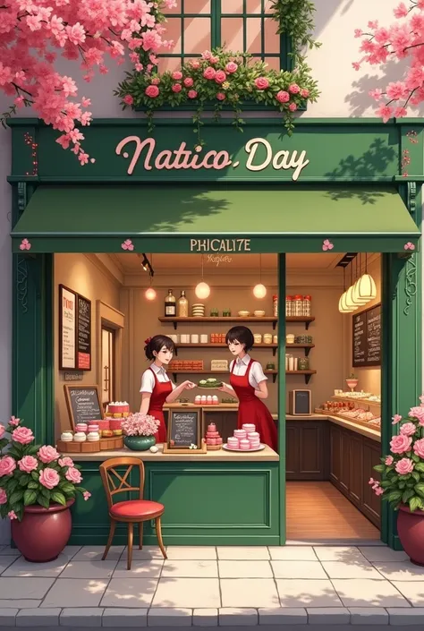 A storefront coffee shop that specializes in macha. Also make it valentines day themed