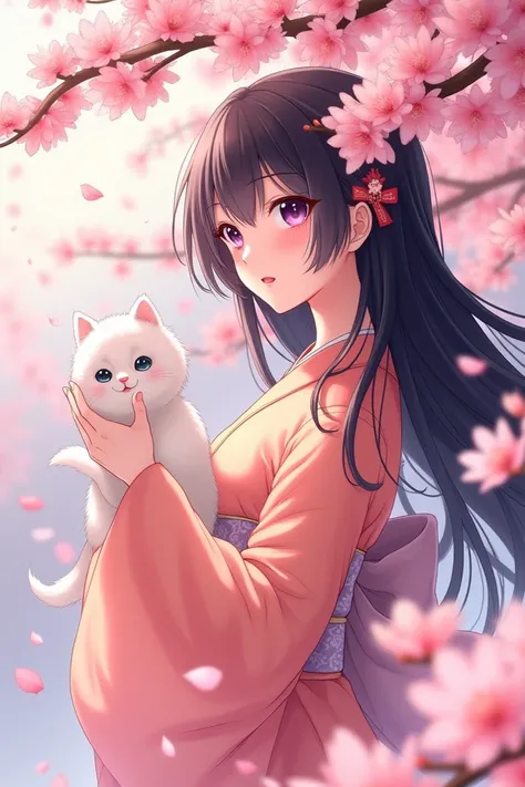 ((Anime masterpiece ,Detail ,shadow  , brightly colored , delicate lines  ,Anime 8K ))  footage from a branch of peach blossom tree from above turning down,  peach petals flying in the wind  , black-haired maiden  , wearing peach kimono  , hair brooch , ha...