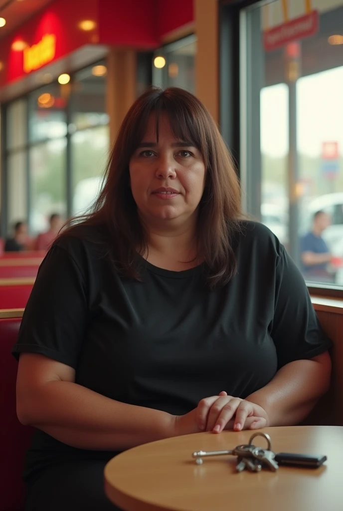 Fat Algerian woman, straight brown hair, Seated at MC Donalde , t-shirt noir,  small a bit big ,  medium chest,  handbag {x} portable key on the table, 