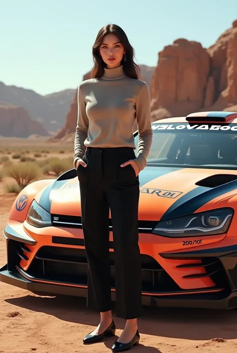 Ultra-realistic image of a beauty woman wearingsweater amd long black trousser and flat shoes ,standing on a Volkswagen Constalation Nardo with a modern design in a rally version painting and modification, drive on desert rally circuit