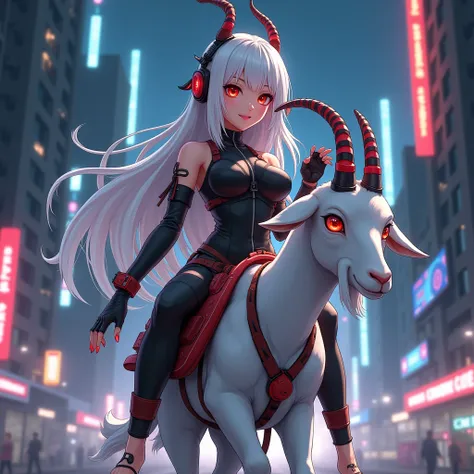 Beautiful anime woman, dominant, long beautiful white hair, detailed red eyes, large breasts, futuristic headphones, red nail polish on her hand and toe nails,wearing futuristic cyber punk outfit, riding a small goat with saddle barefoot in the night city,...