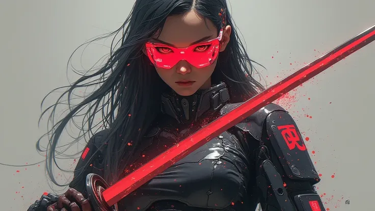 a woman with long hair and wearing digital red glasses and black croped top kimono with cyberweres and armors, She is holding a red cyber katana in her hand, the camera angle is slightly from bellow, 