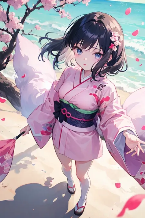 ((Anime masterpiece ,Detail ,shadow  , brightly colored , delicate lines  ,Anime 8K ))  footage from a branch of peach blossom tree from above turning down,  peach petals flying in the wind  , black-haired maiden  , wearing peach kimono  , hair brooch , ha...