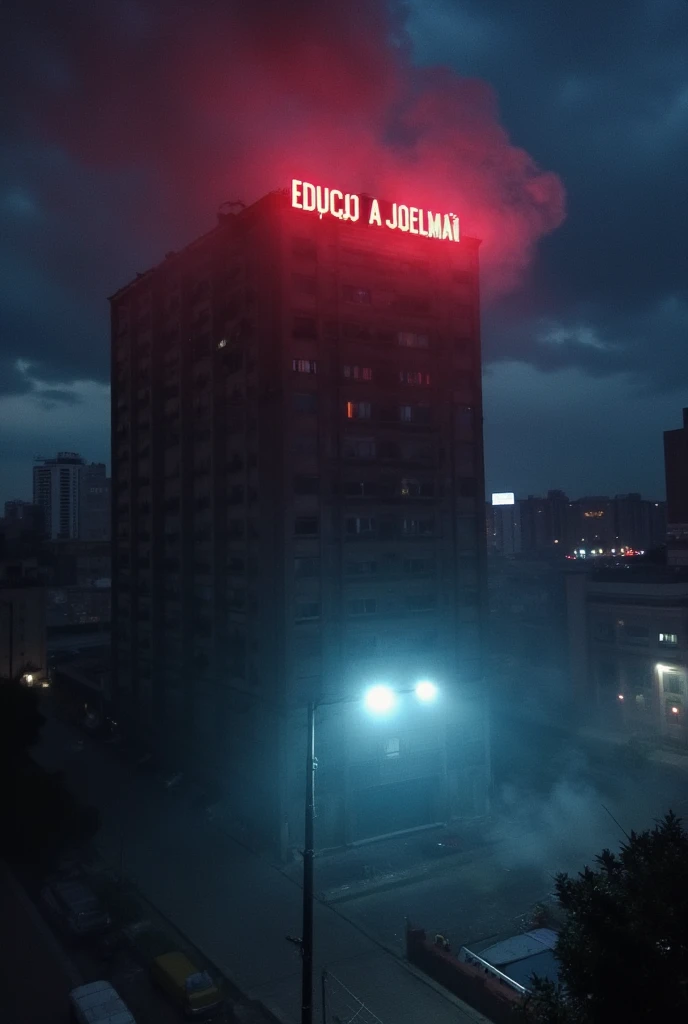 A foggy, serie nighttime view of the historic Edifício Joelma its neon sign glowing faintly amidst the darkness, with an unsettling vibe emanating from the building. flames starts in 3rt floor.  the biggest urban disaster in Brazil is about to happen .  We...