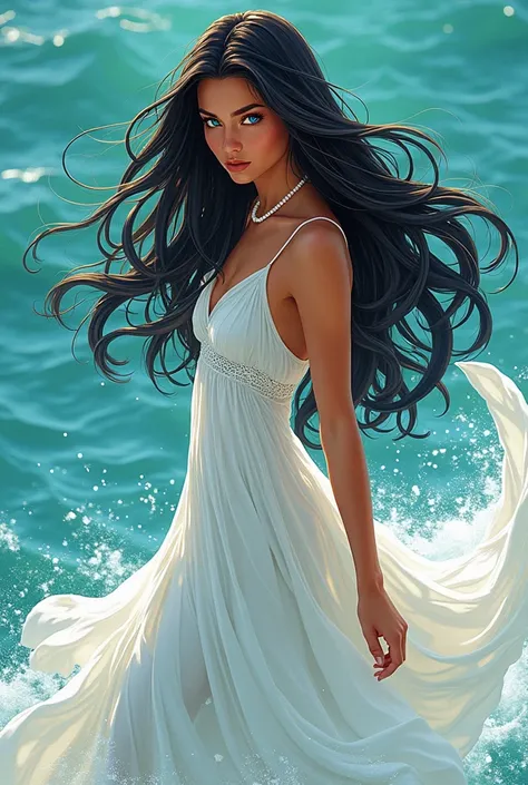 Comic book art manga panel: Young woman with olive skin tone, dark hair with fine strands of golden hair, Long hair waving in the wind. Her eyes are Caribbean blue, Caribbean sea blue.She has a pearl necklace around her neck and a long white dress. At its ...