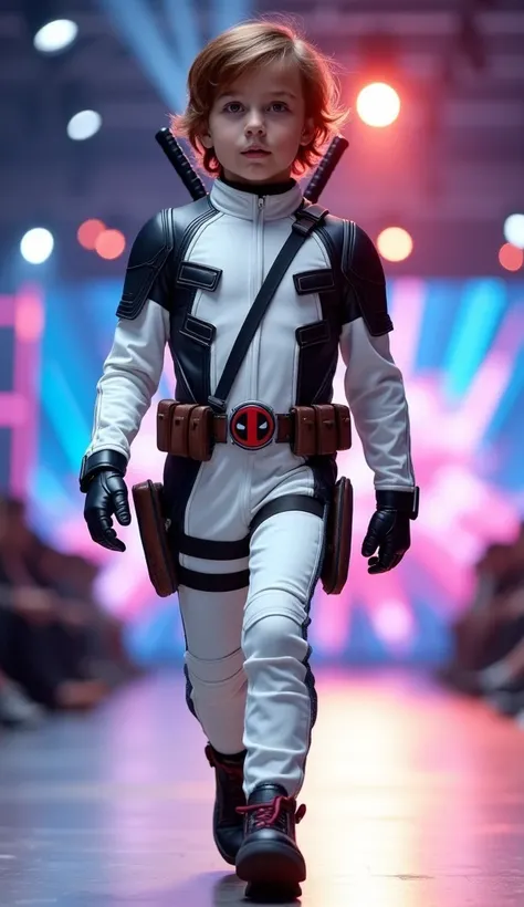  A  boy with brown hair, wearing a white Deadpool costume  tanpa topeng, wearing a white Deadpool costume ,  is walking on the stage of a fashion show with bright lighting. full body 