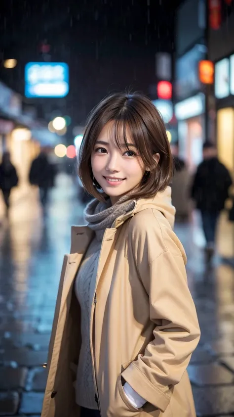 highest quality、genuine、Super detailed、finely、High resolution、8k wallpaper、one beautiful japanese woman Walking  through the scramble intersection.、light brown disheveled hair、sharp focus、perfect dynamic composition、beautiful and detailed eyes、thin short h...