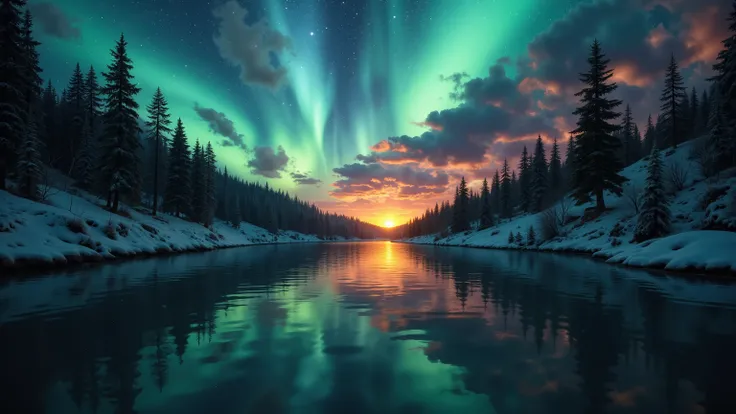(Masterpiece:1.2, Outstanding quality, Mirror finish, Best Illustration), 8k, 16k, wallpaper. A breathtaking depiction of a tranquil winter lake under a clear night sky illuminated by the vibrant glow of the aurora borealis. The lakes surface is a smooth, ...