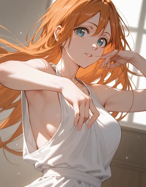 close up, score_9, score_8_up, score_7_up, (solo), 1girl, ((inoue orihime)),orange hair, medium breast, ((((hands))), fingers, room, bleach , top, ((pose))