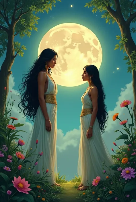 generate Mayari a goddess of moon, she looks like a Filipino women with long black hair and tanned skin and shes asking Diwata, Diwata is a Filipino mythology of Philippines