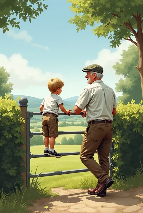 Une illustration en portrait dun paysage de campagne française avec au centre une barrière en fer blanc, un grand père et son petit fils regardant lhorizon. Le grand père est à coude à la barrière, le petit-fils est monté dessus pour être au niveau du gran...