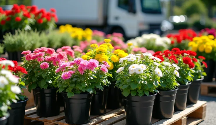 Image depicts a vibrant and colorful outdoor scene featuring a variety of potted plants and flowers arranged on a wooden pallet. The layout is organized with multiple rows of black plastic pots, each containing different types of flowering plants. The flow...