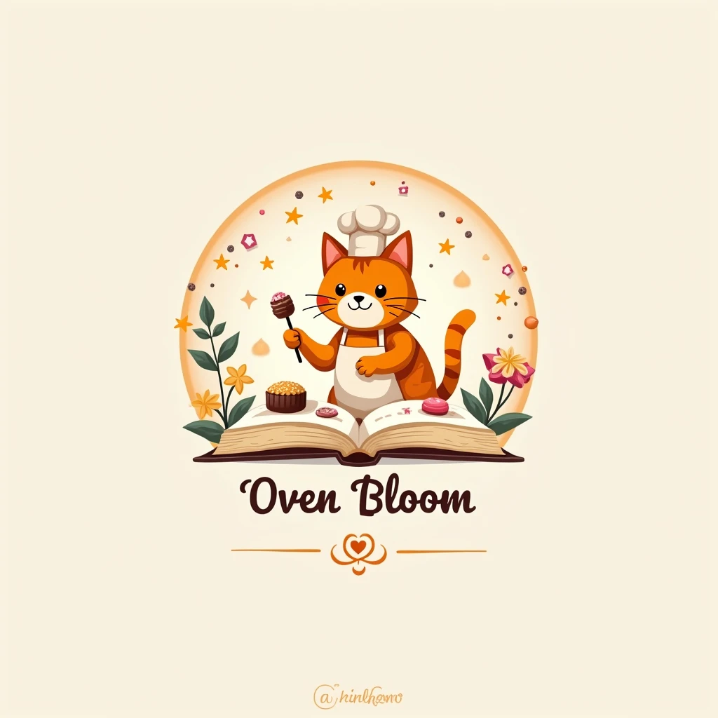 Round logo of a candy store with a storybook featuring an orange cat making candy, pastel accent, named Oven Bloom.