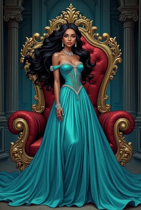 Comic book art manga panel: Young woman with olive skin tone, dark hair with fine strands of golden hair, Long hair waving in the wind. Her eyes are Caribbean blue, Caribbean sea blue. She has a pearl necklace around her neck, She also has other necklaces ...